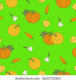 Legumes isolados em um fundo verde. Abóbora desenhada à mão, cenouras, alho. Padrão perfeito sob a máscara de corte, conveniente para edição. Fundo para têxtil, papel, capa.