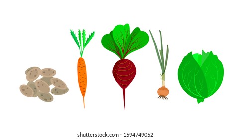 Vegetables isolated on white background. Set of cartoon vegetables. Potato, carrot, beetroot, onion and cabbage. Fresh vegetables icons collection. Vegetarian and vegan food. Stock vector illustration