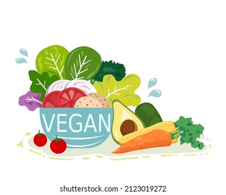 Vegetables isolated on white background. and vegan text flat lay food concept.  