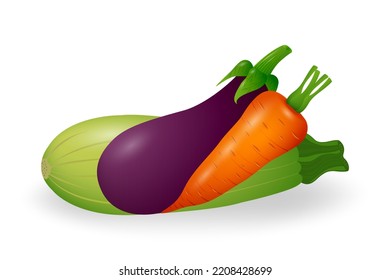 Verduras aisladas de fondo blanco. zanahorias frescas, zucchini y berenjenas. Día del Vegan. Comida orgánica vegetariana. Cosecha de verduras. Ilustración vectorial.