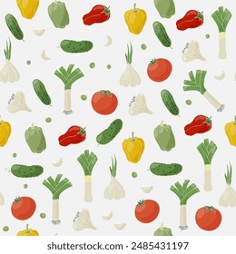 Verduras aisladas sobre un fondo blanco. Patrón sin costuras. Tomate, pimienta, pepino, ajo, puerro. Fondo para textil, papel, cubierta, platos, decoración interior.