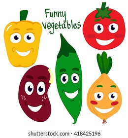 Vegetables isolated on white background.Tomato, onion, beans, bean, pea pod, yellow pepper. Vector illustration EPS 10