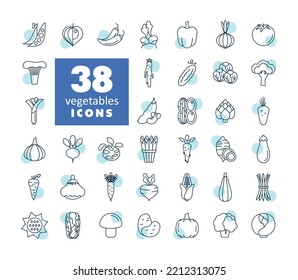Vegetables isolated vector icons set. Graph symbol for food and drinks web site, apps design, mobile apps and print media, logo, UI
