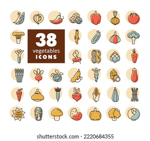 Vegetables isolated vector icons set. Graph symbol for food and drinks web site, apps design, mobile apps and print media, logo, UI