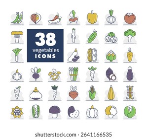 Vegetables isolated vector icons set. Graph symbol for food and drinks web site, apps design, mobile apps and print media, logo, UI