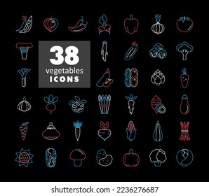 Vegetables vectores aislados en iconos de fondo negro. Símbolo gráfico del sitio web de comida y bebida, diseño de aplicaciones, aplicaciones móviles y medios impresos, logotipo, interfaz de usuario