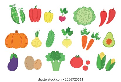 Vegetables isolated vector. Veggies set vector, different vegetables in flat design, vegetables complect isolated on white.  cabbage, carrot, avocado, pepper, onion, potato, pea, radish, cucumber. 