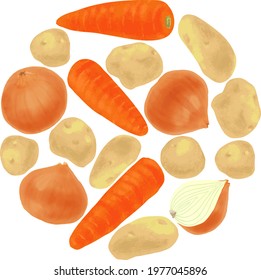 Vegetables for japanese curry , in a c ircle vector illustration. (carrot, onion, potato)