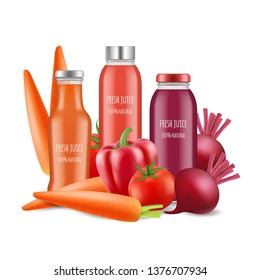 Vegetables juices vector illustration. Realistic juice bottles and vegetables isolated on white background Vegetables juices vector illustration. Realistic juice bottles and vegetables isolated on white background