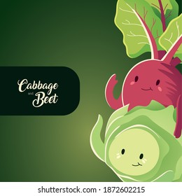 vegetables kawaii cute beet and cabbage cartoon style vector illustration