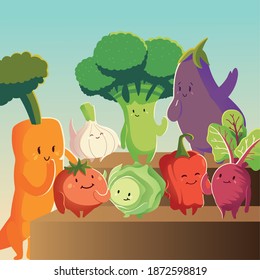 vegetables kawaii cute cartoon carrot tomato eggplant beet onion and beet vector illustration