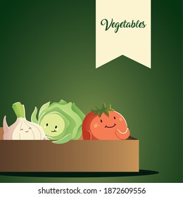 vegetables kawaii cute cartoon tomato onion and cabbage in box vector illustration
