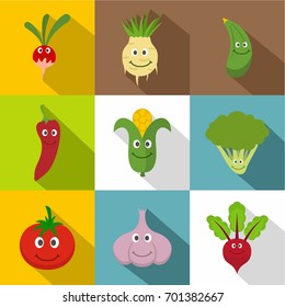 Vegetables for kid icons set. Flat set of 9 vegetables for kid vector icons for web with long shadow