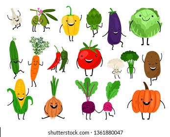 Vegetables For Kids. Cartoon Vegetables Eating For Child, Funny Cute Veggies Characters, Kawaii Healthy Laughing Carrot Smiling Pumpkin, Vector Icons Set