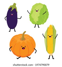 Vegetables for kids. Cute vegetable characters, healthy cartoon kawaii. Vector, isolated on white background