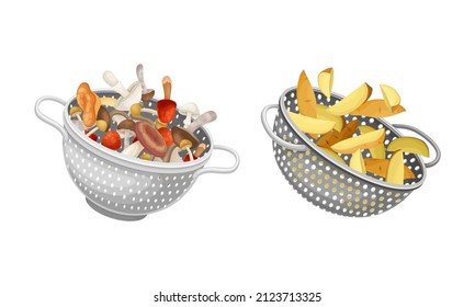 Vegetables in kitchen colander set. Strainers full of potato and mushrooms. Healthy organic food vector illustration