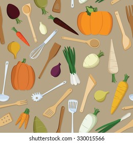 Vegetables and kitchen tools vector seamless background