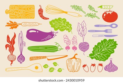 Vegetables and kitchen utensils cartoon colorful set. Vegetable carrot, cucumber, lettuce pepper or onion garlic etc. Hand drawn healthy diet farm product. Silhouette vegetarian childish menu vector