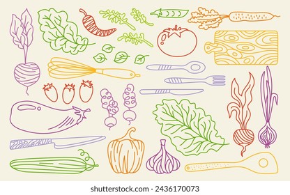 Vegetables and kitchen utensils cartoon doodle set. Vegetable carrot, cucumber, lettuce, pepper or onion garlic etc. Hand drawn healthy farm product. Doodle colorful fresh vegetarian menu line vector