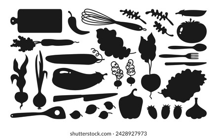 Vegetables and kitchen utensils cartoon silhouette set. Vegetable carrot, cucumber, lettuce, pepper or onion garlic etc. Hand drawn healthy diet farm product. Shape fresh vegetarian menu vector