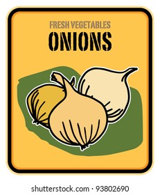 Vegetables label, onions, vector illustration