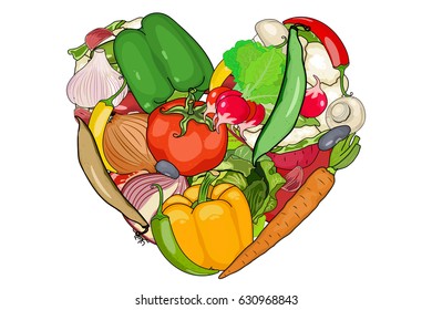 vegetables are laid out in the shape of a heart. Onion, garlic, carrot, pepper, mushrooms, tomato, beet, and other.  white background cut vegetables. vector illustration of high quality.