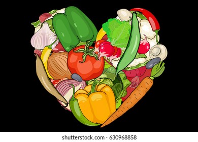 vegetables are laid out in the shape of a heart. Onion, garlic, carrot, pepper, mushrooms, tomato, beet, and other. black background cut vegetables. vector illustration of high quality.