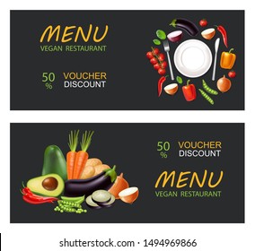 Vegetables leaflet Vector realistic. Eggplant, tomatoes and onions banner. Vegetarian dinner menu. Healthy food templates poster
