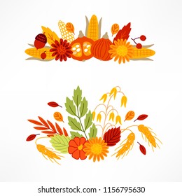 Vegetables and leaves compositions with corn, flowers, pumpkin, wheat and oat. Perfect for autumn greeting cards, holiday decoration