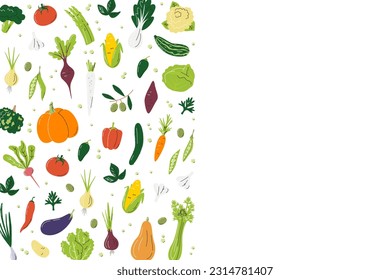 Vegetables left side design concept. Rectangle background with copy space. Geometric composition for farmers market banner. Local eco organic veggies. Agricultural hand drawn flat vector illustration