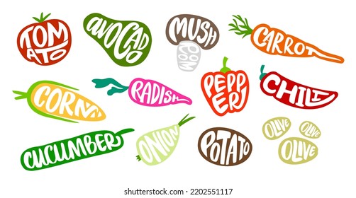 Vegetables lettering. Grocery badges with typographical vegetable name. Calligraphy tomato, pepper and carrot sign vector set of emblem sticker label for grocery market badge illustration