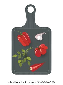Las verduras están en una tabla de corte. Tomates, pimientos, ajo y albahaca. ilustración plana vectorial.