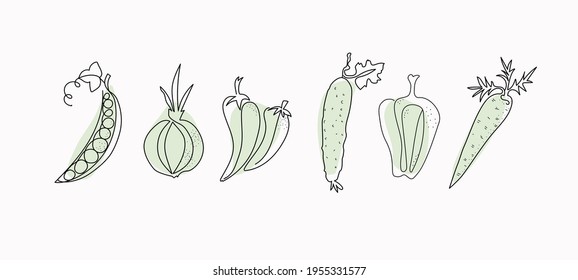 Vegetables line art. Cucumber, peppers, carrots, peas and onions drawn in one line. Vector graphics background isolated.