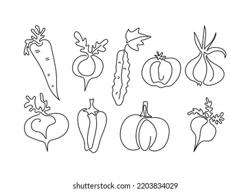 Vegetables in line art style. Set of vegetables. Drawings in one line. Vector graphics. Isolated background.