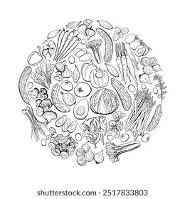 Vegetables Line Design Element Set. Vector Illustration in black lines on white. Broccoli, onion, leek, tomato, garlic, carrots, pears, bell peppers, asparagus, celery apple for farm market