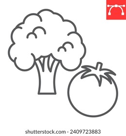 Icono de línea de verduras, tienda de comestibles y alimentos , icono vectorial de tomate y brócoli, gráficos vectoriales, símbolo de contorno de trazo editable, eps 10.