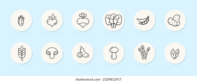 Vegetables line icon. Healthy food, corn, carrots, cabbage, potatoes, broccoli, hot peppers. Pastel color background. Vector line icon