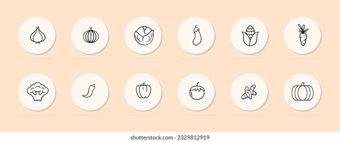 Vegetables line icon. Healthy food, corn, carrots, cabbage, potatoes, broccoli, hot peppers. Pastel color background. Vector line icon