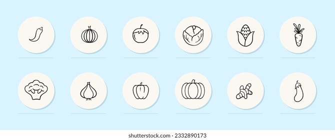 Vegetables line icon. Pumpkin, ginger, garlic, broccoli, carrot, tomato, pumpkin. Pastel color background. Vector line icon