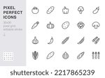 Vegetables line icon set. Pumpkin, cucumber, broccoli, carrot, zucchini, asparagus, potato, garlic minimal vector illustration. Simple outline sign for veggies. 30x30 Pixel Perfect, Editable Stroke