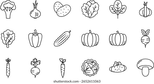 Conjunto de ícones de linha de legumes. Pictogramas vetoriais de brócolis, batata, cebola, alho, alface, espinafre, pimenta, pepino, abóbora, nabo, aipo, repolho,