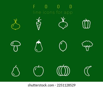 Iconos de línea de verduras. Cebolla, zanahoria, pimienta, setas, berenjena, limón, brócoli, calabaza, pera, manzana, plátano, iconos vectores de remolacha.