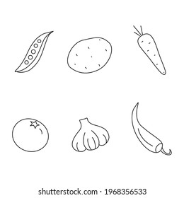 Vegetables Line Icons - Set von schwarzen Symbolen auf weißem Hintergrund. Grüne Erbsen, Kartoffeln, Tomaten, Knoblauch, Papier, Karotten Linie Vektorsymbol.