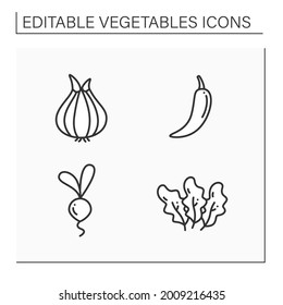Vegetables line icons set. Edible plant. Vegetarian, healthy nutrition. Onion and chili pepper, beetroots and spinach. Agriculture concept. Isolated vector illustration. Editable stroke