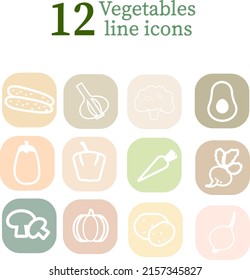 Vegetables line icons. Styled vegetables icons on the colourful stickers. Vector illustration. Healthy food concept.