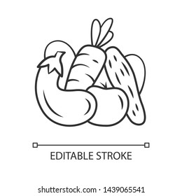 Vegetables linear icon. Cucumber, tomato, carrot, eggplant. Healthy nutrition. Vegan food. Agriculture plants. Thin line illustration. Contour symbol. Vector isolated outline drawing. Editable stroke