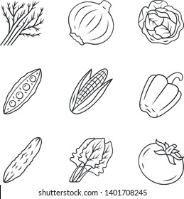 Lineare Symbole für Gemüse. Kohl, Rübe, Mais, Tomate, Pfeffer. Vitamin und Diät. Gesunde Ernährung. Symbole für dünne Linien. Isolierte Vektorkonturillustrationen. Bearbeitbarer Strich