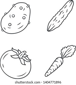 Vegetables linear icons set. Potato, cucumber, tomato, carrot. Vitamin and diet. Healthy nutrition ingredient. Thin line contour symbols. Isolated vector outline illustrations. Editable stroke