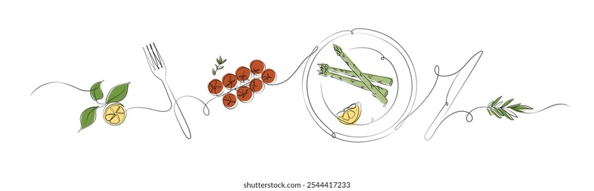 Ilustración de silueta lineal de verduras con limón, tenedor, tomates, plato, espárragos, romero, dibujo de cuchillo con color sobre fondo blanco