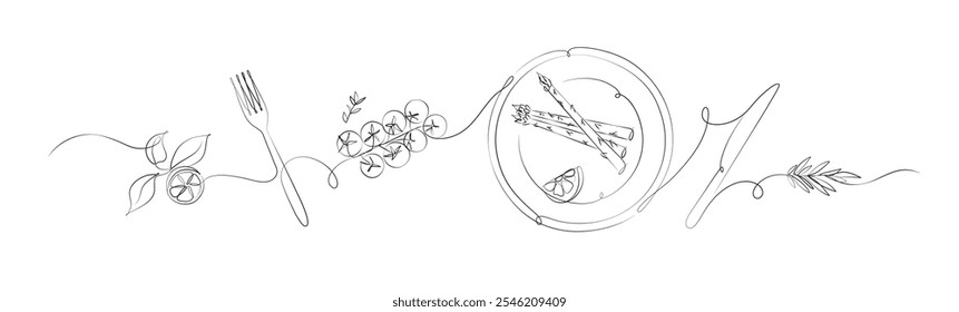 Vegetables linear silhouette illustration with lemon, fork, tomatoes, plate, asparagus, rosemary, knife drawing on white background